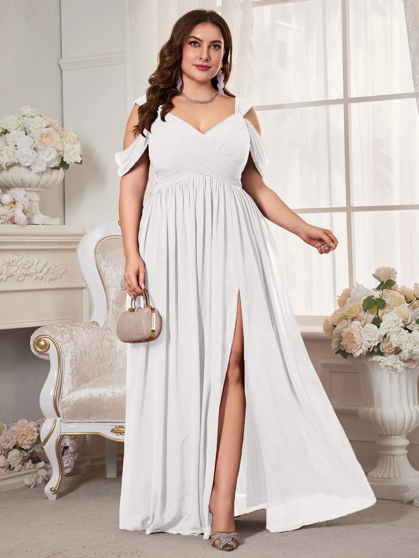 

UNITHORSE Plus Size Women Off Shoulder Short Sleeve Chiffon Bride Dress, Elegant Dress, Birthday Women Outfits