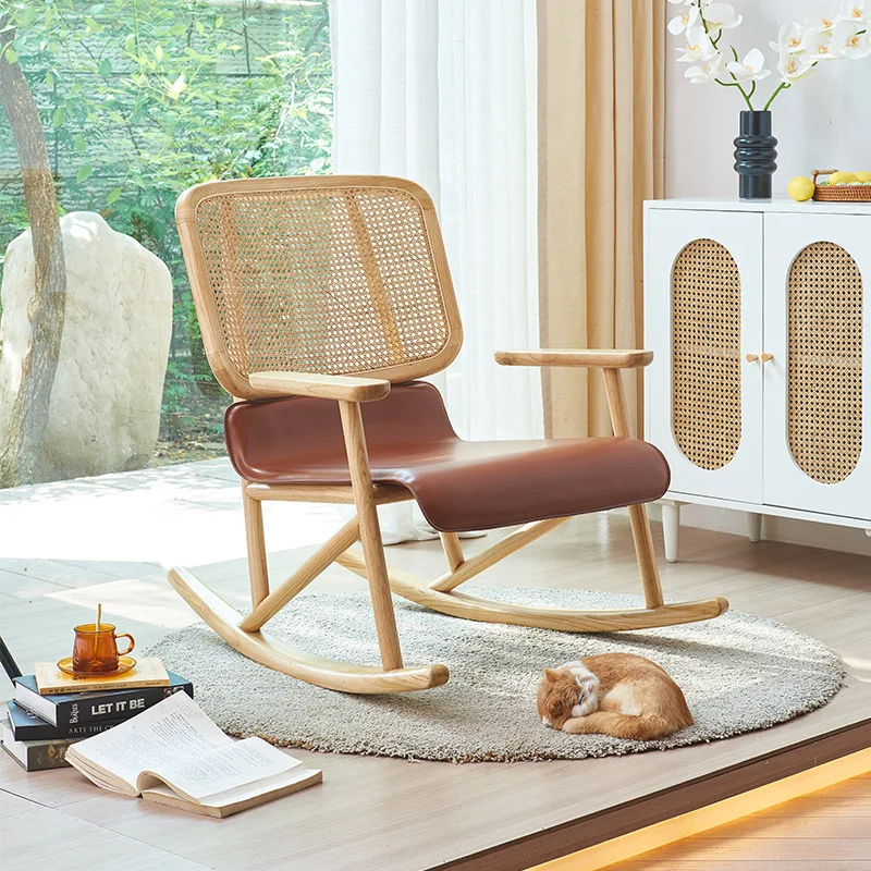 Modern simple solid wood rattan rocking chair adult living room nap chair