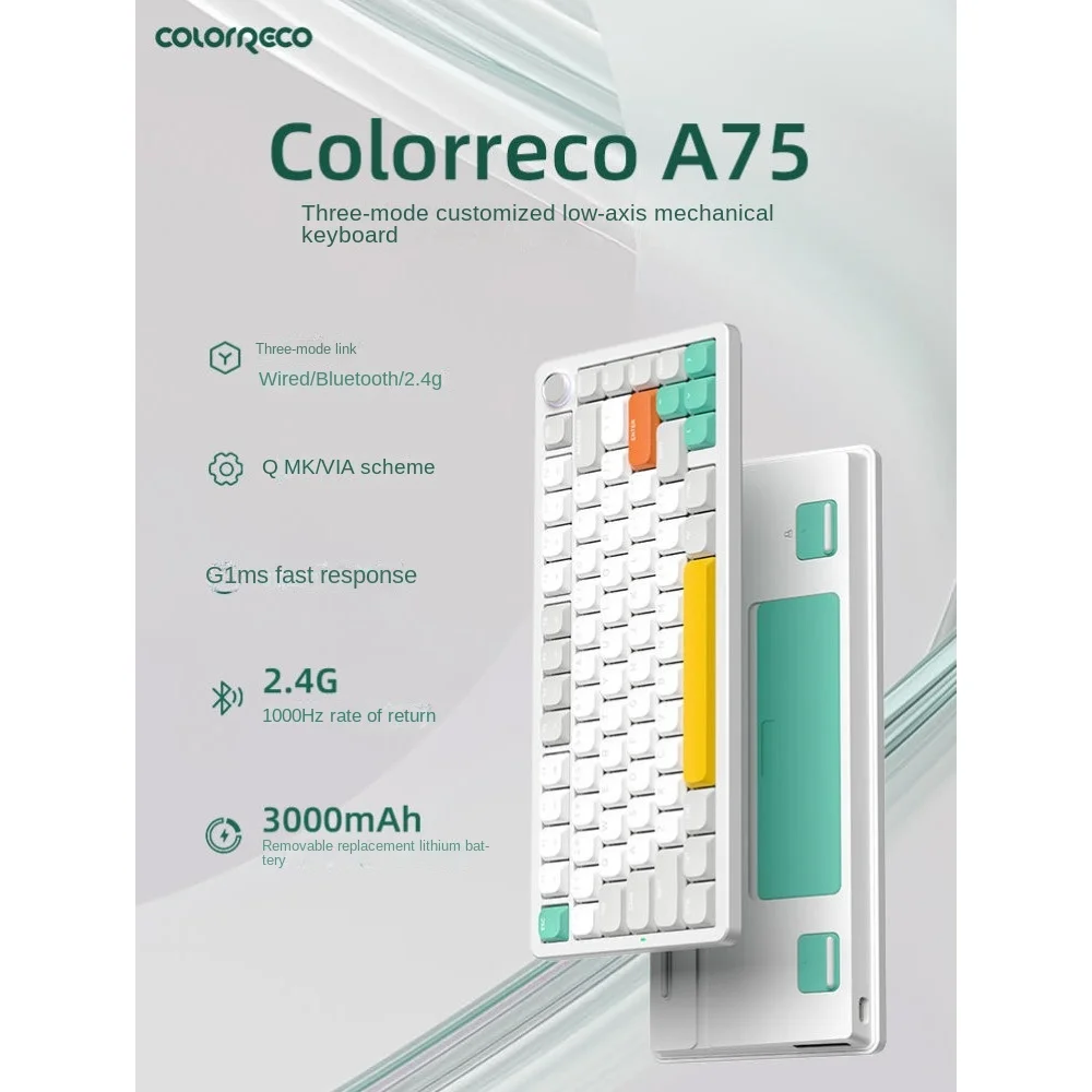 ColorReco A75 Mechanical Keyboard Wireless Bluetooth Triple Mode Kaihua Short Shaft Gasket Office Gaming Portable Ergonomic DIY