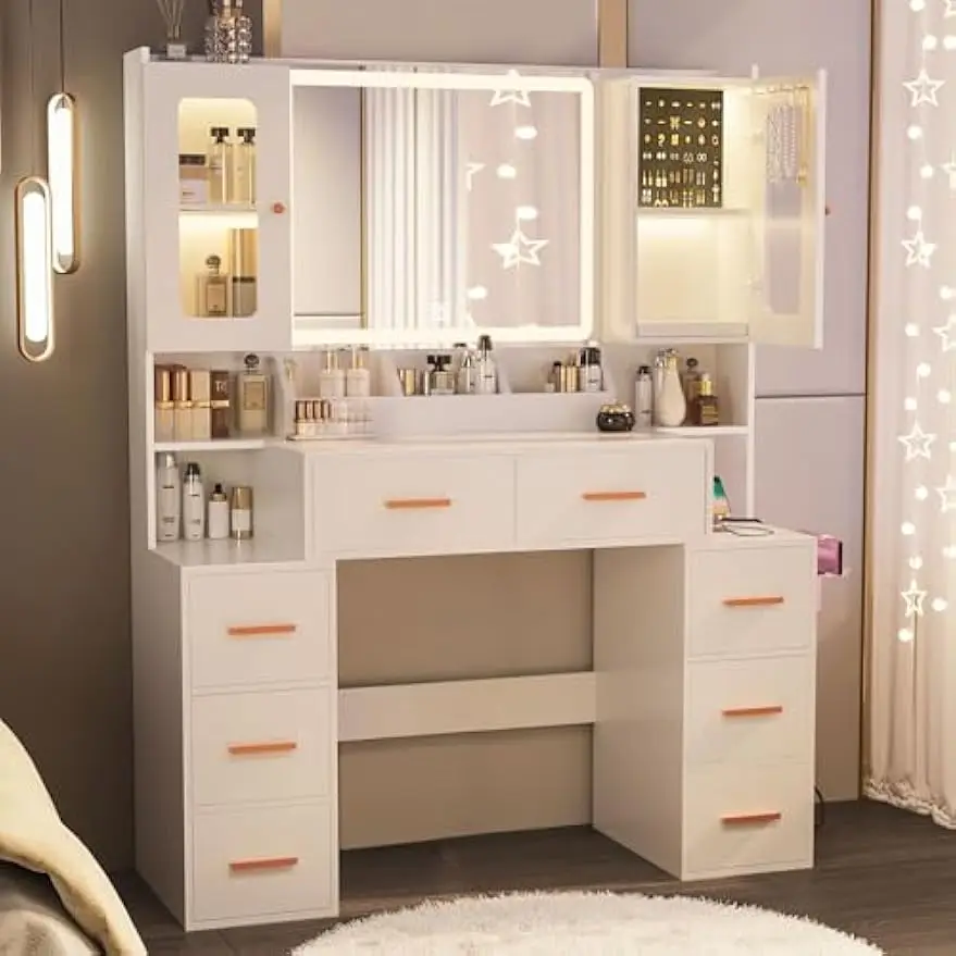 2 LED Storage Cabinet & Power Outlet, White Vanity 3 Lighting Modes Brightness Adjustable for Bedroom, Dressing Room