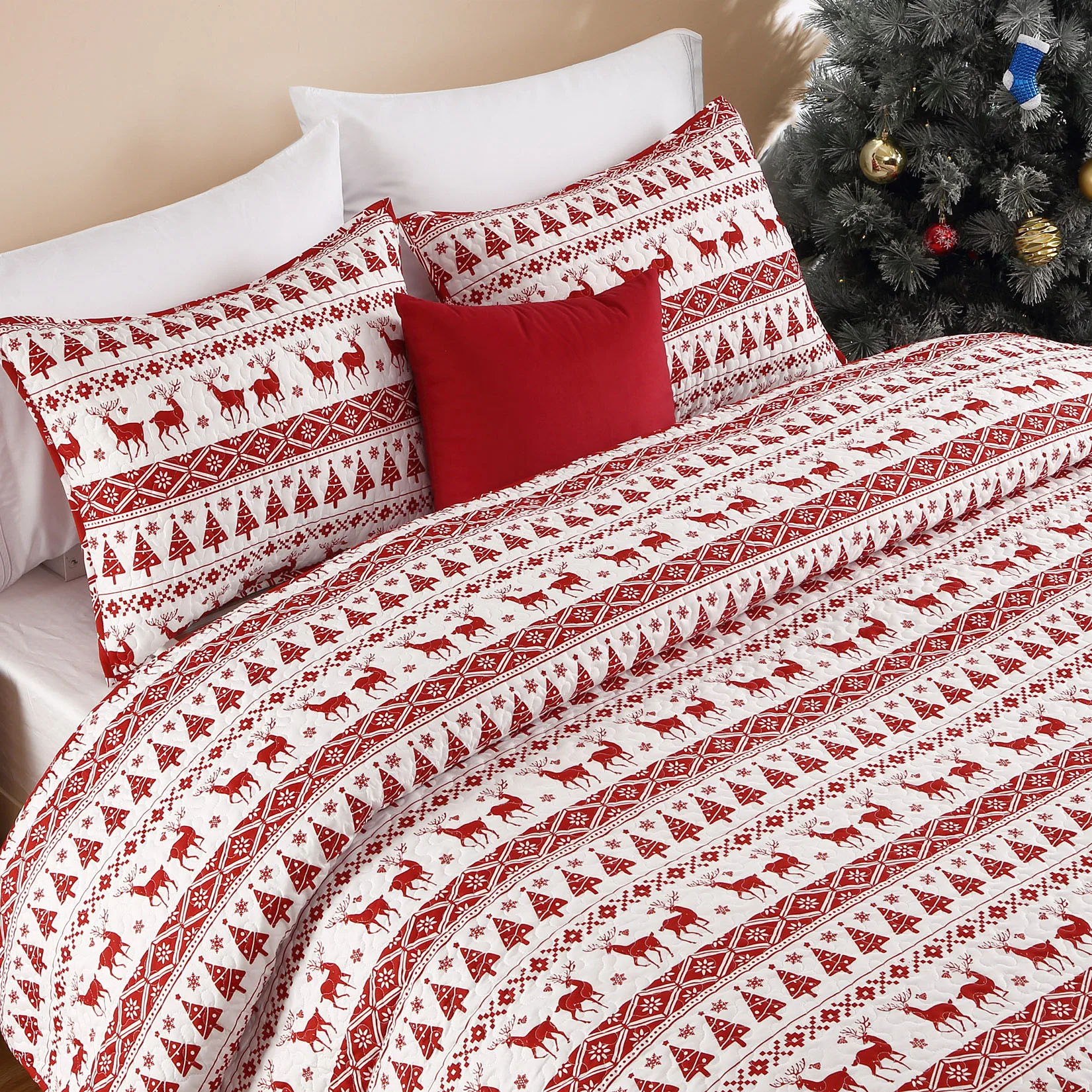 Christmas Quilt Set King Size - Boho Reversible Bedspread Coverlet Set with Christmas Tree Reindeer Snowflakes Printed Pattern image 5