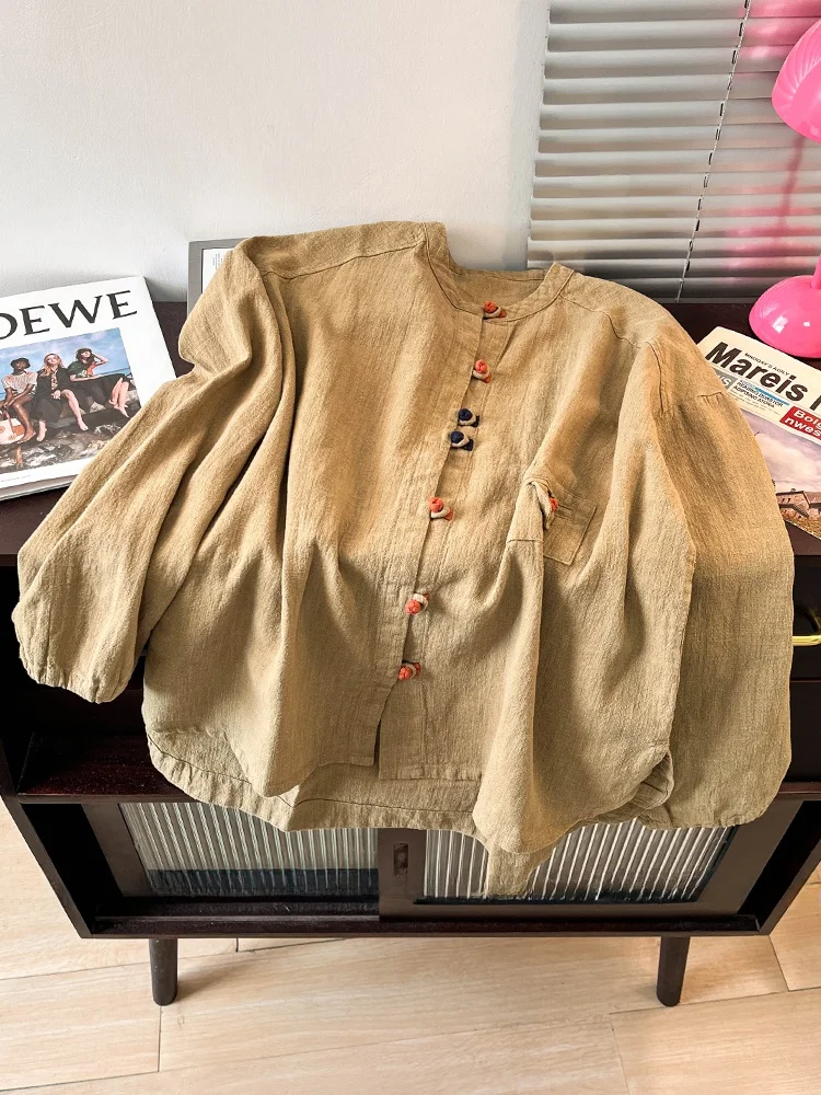 

Retro Chinese Sle Women's Cotton Linen irt Coat Long Sve round Ne Button up Top Loose Fit Commute Sle Autumn Wear