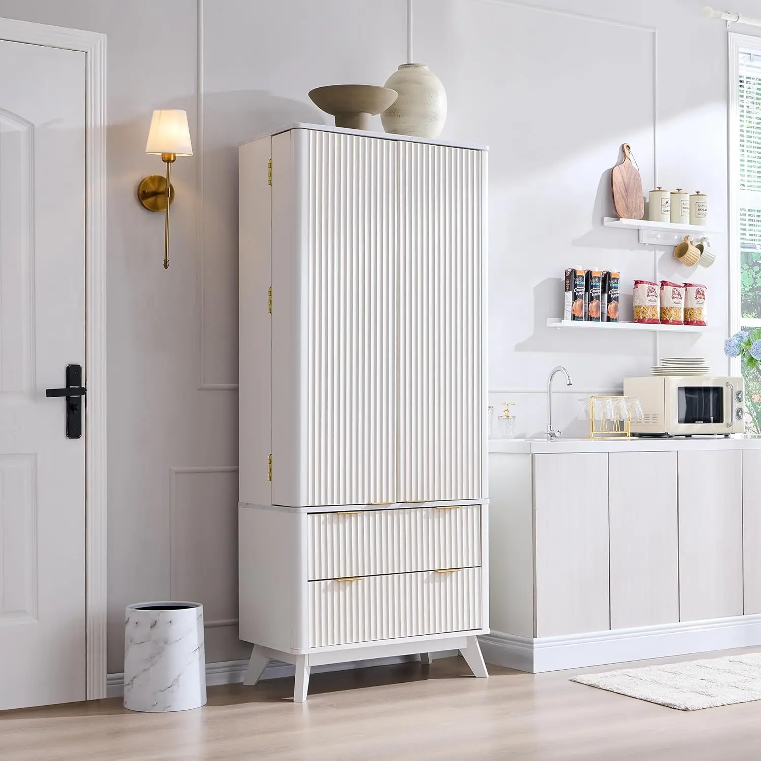 

Pantry Cabinet, 72" Fluted Kitchen Storage Cabinet, Tall Fluted Cabinets w/ 10 Door Shelves & 2 Drawers, Modern Cupboard