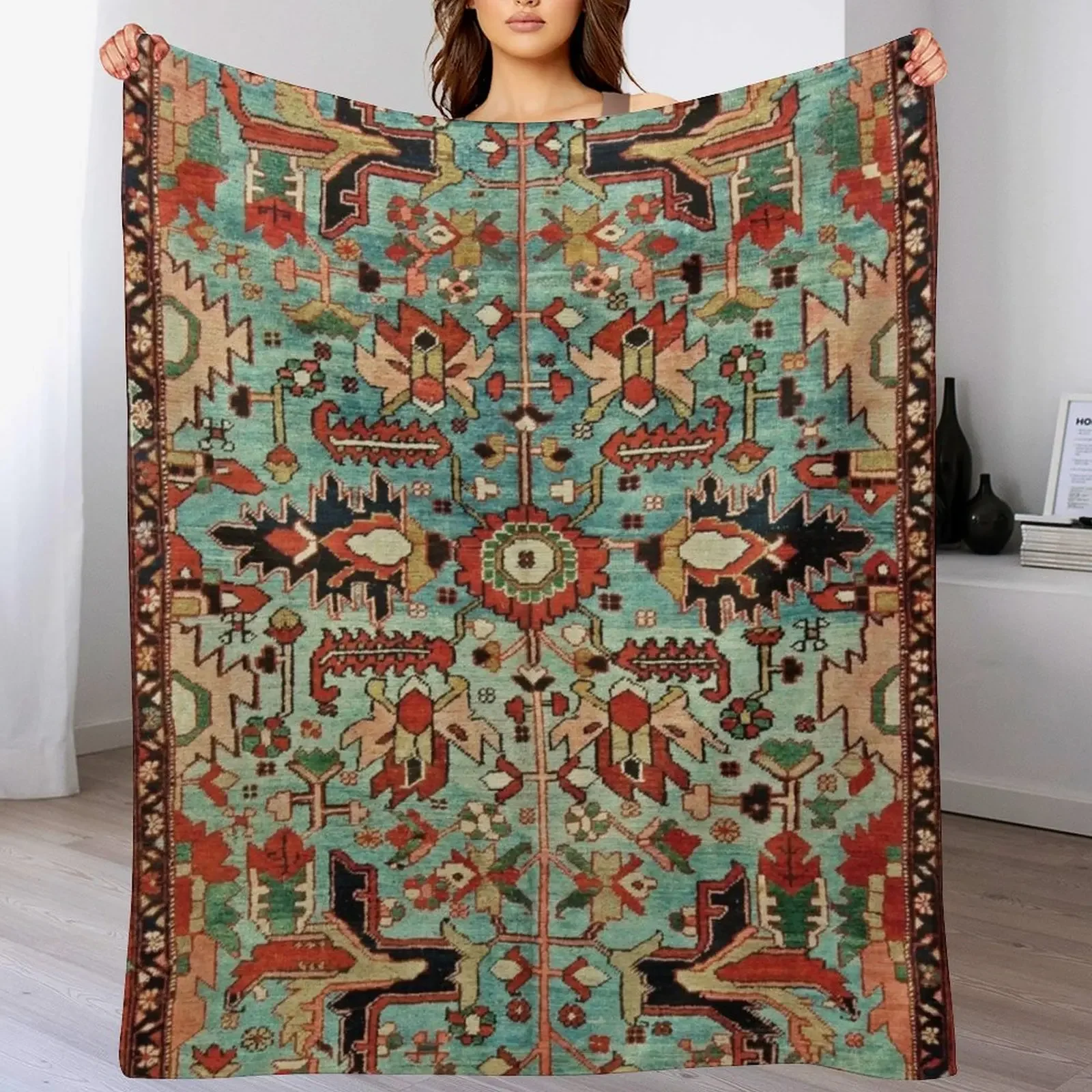 

Antique Heriz Persian Carpet Print Throw Blanket Decorative Sofas Furry Blankets