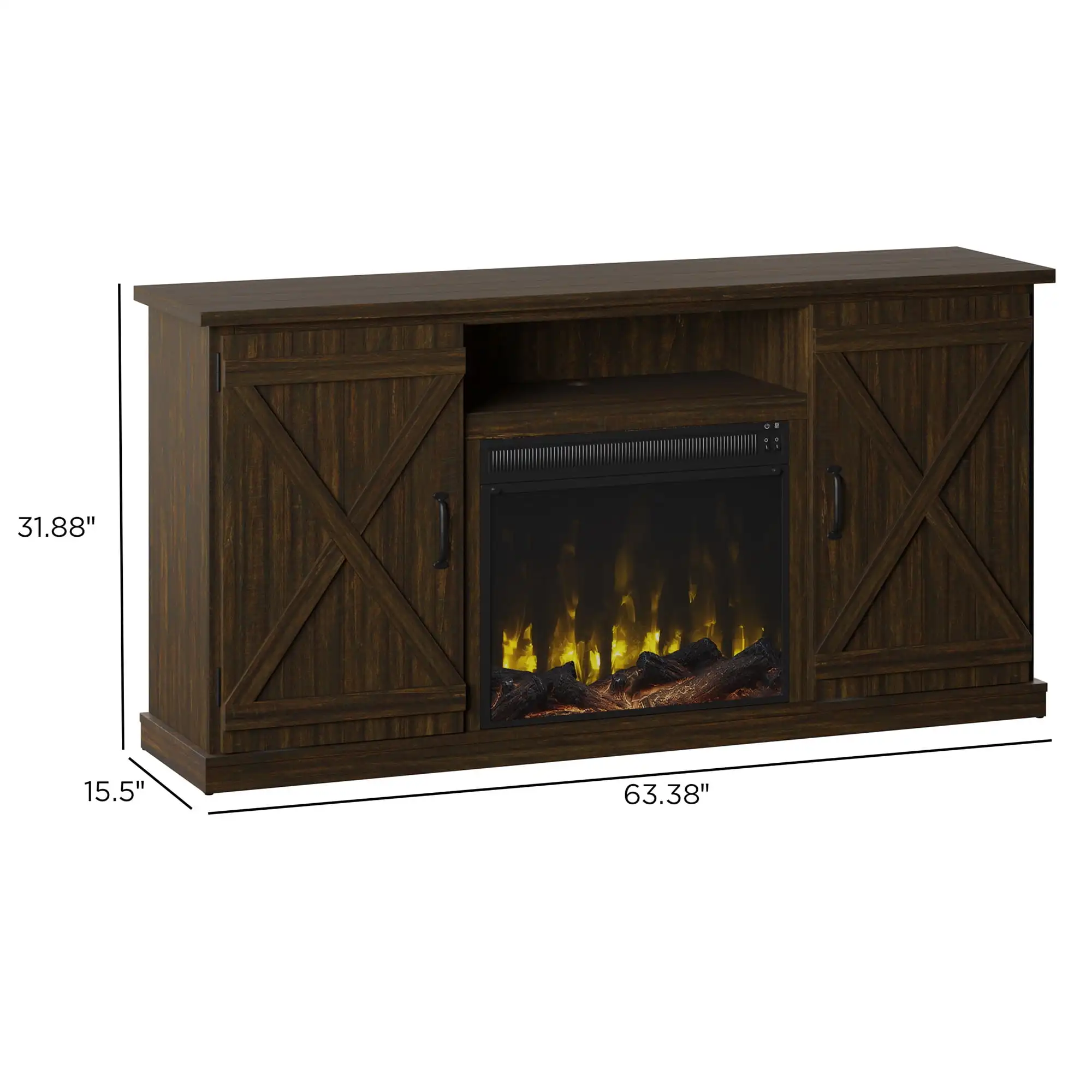 Barn Door TV Stand for TVs up to 70 inches with ClassicFlame Electric Fireplace, Sawcut Espresso | USA | NEW