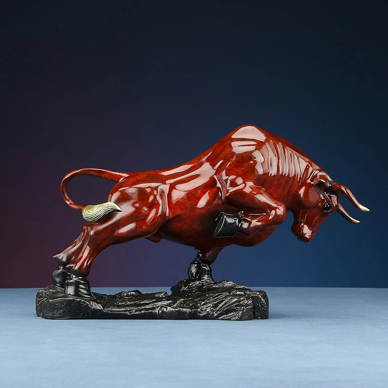 Red Bronze Forge Ahead Bull Statue Animal Sculpture Office Home Decoration Large