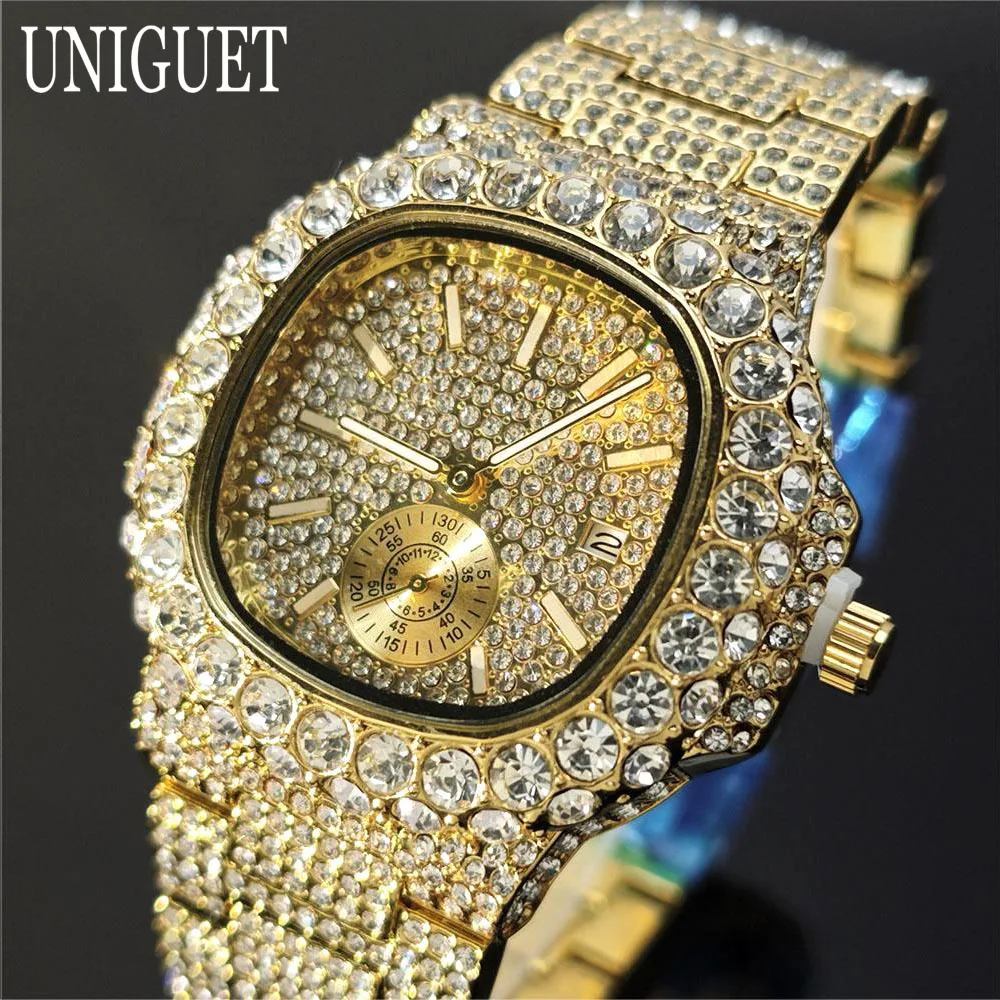 UNIGUET Lxuxry Iced Watch For Men Gold Stainless Steel Quartz Watches Fashion Hip Hop Full Diamonds Wristwatch Man Dropshipping