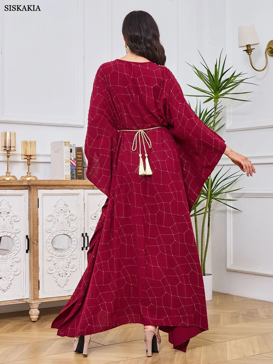 Siskakia Fashion Long Dress Dubai Abayas For Female Beading Batwing Sleeve V-Neck Belted Clothing Elegant Muslim Costumes Woman