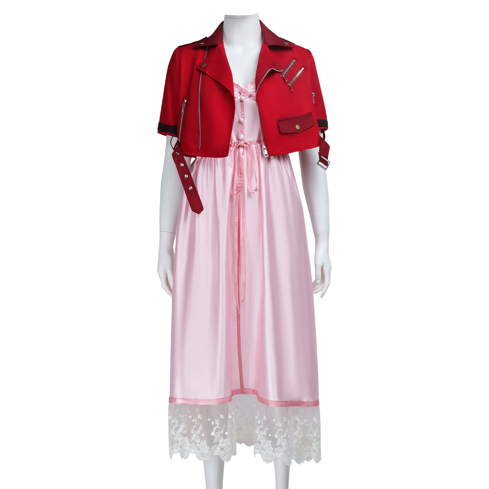Damen Retro Cosplay Kostüm-Set Kurze Rote Jacke Rosa Spitzen-Midikleid Halloween-Party Rollenspiel-Outfit für Comic-Shows