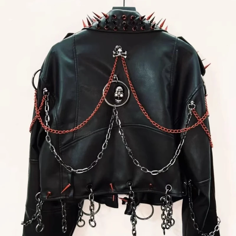 Original Punk Heavy Industry Black Women's Coat Autumn New Red Rivet Chain Dark Sweet Cool Personalized Leather Jacket Ladies