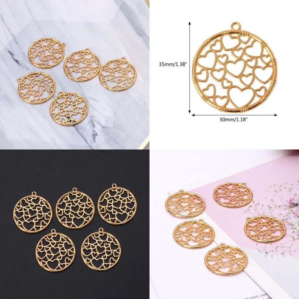 195C 5x Round Heart Metal Frame Handmade Resin Blank Pendant Bezel Setting for DIY Keychain Necklace Bracelet Jewelry Making