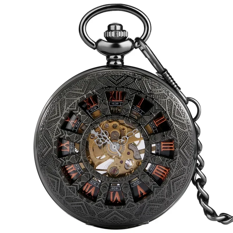 Bronze Hollow Out Case Black Mechanical Pocket Watch Handwinding Skeleton Clock with Roman Number Dial Pendant Chain Gifts