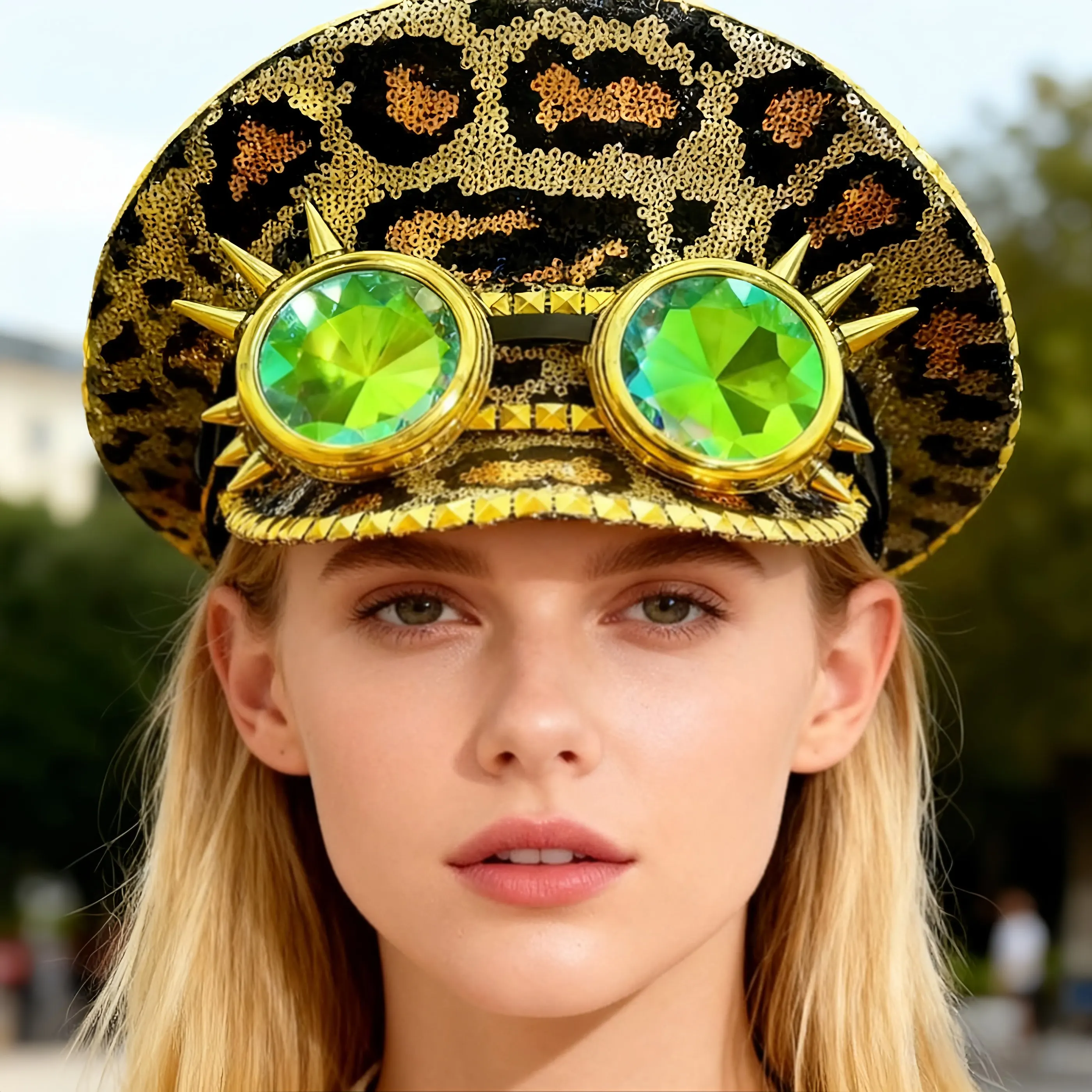 

HongLuan Golden Disco Капитанская шляпа в стиле стимпанк со стразами и очками для музыкального фестиваля для женщин, военные аксессуары и кепка для мужчин