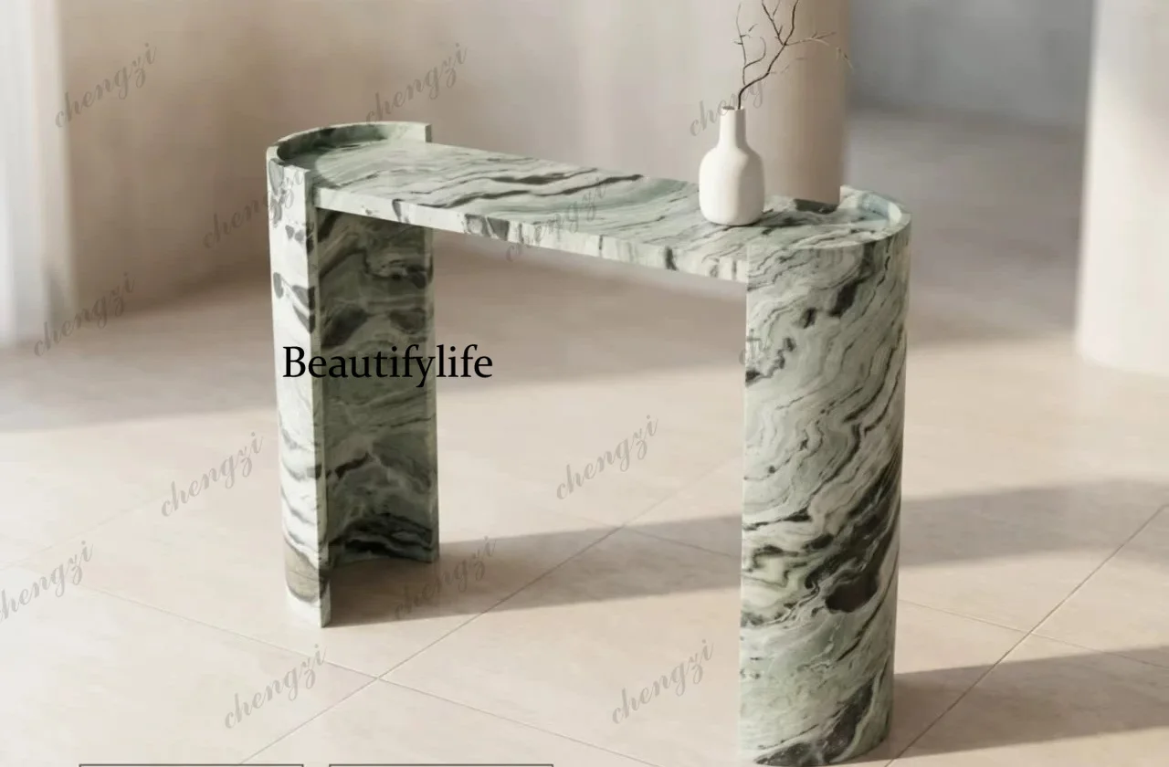 Natural jadeite green marble entryway table, modern minimalist curved integrated raw stone feature table