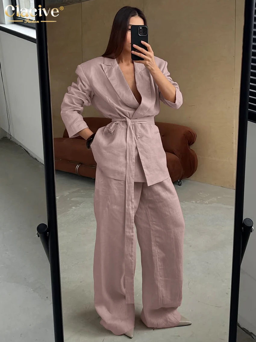 

Clacive Fashion Loose Pink Cotton 2 Pieces Set For Woman 2025 Elegant Long Sleeve Blazer With High Waist Wide Pants Set Female
