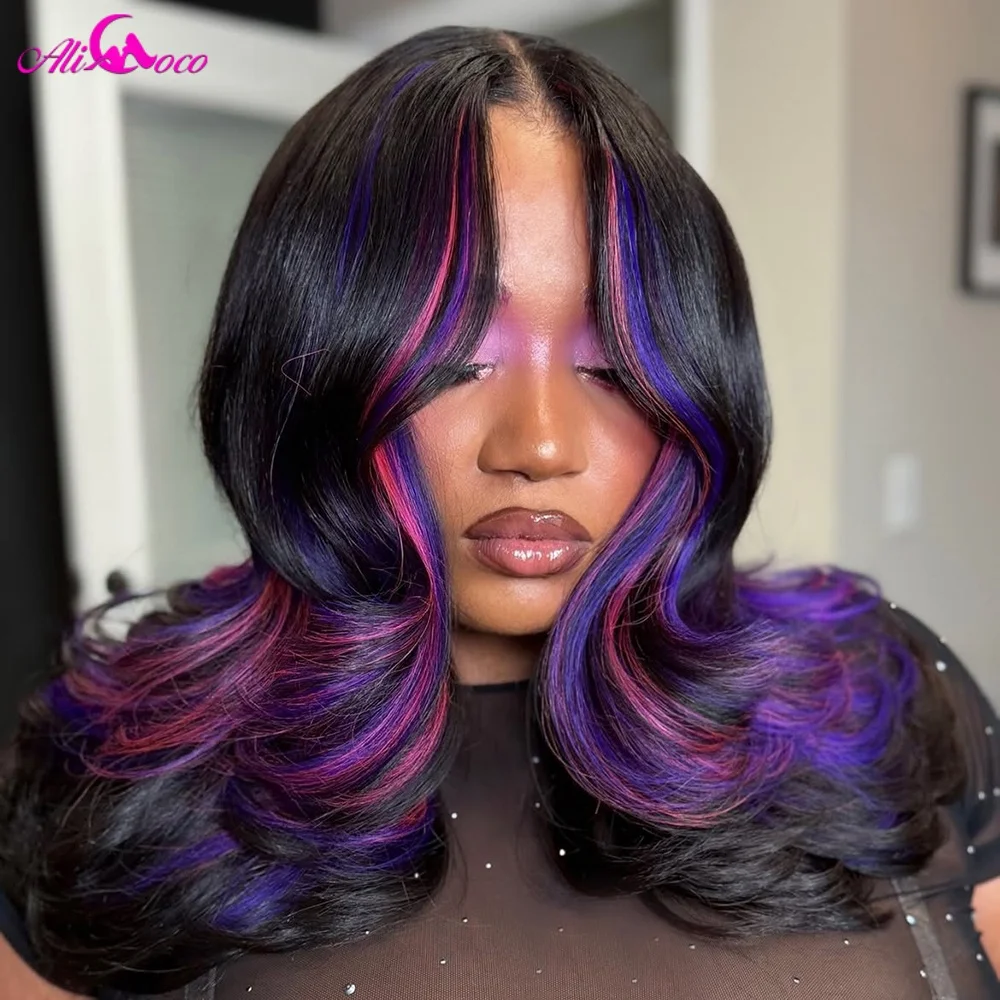 200 Density Shiny Purple and Pink Highlights with Natural Black Human Hair Wigs 13x6 Drawstring HD Lace Front Body Wave Wigs