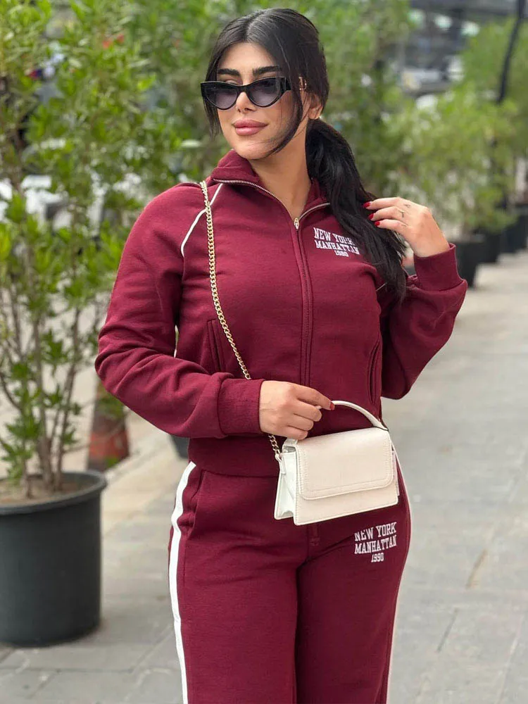 HH Women\'s Pant 2-Piece Set Female Fashion Versatile Printed Velvet Zip Jacket+Commuting Elastic Waist Belted Casual Pants