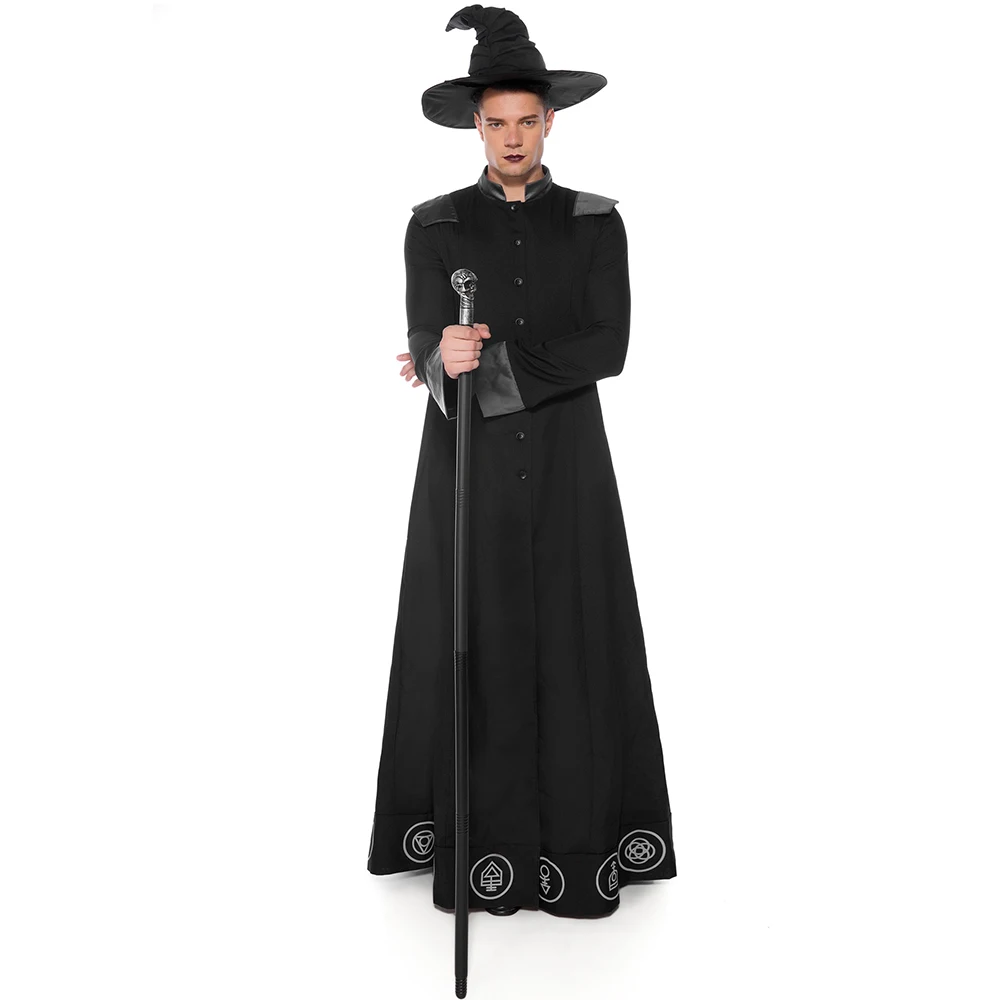 Fantasia de cosplay mágica para homens, bruxo negro, feiticeiro, feiticeiro, halloween, mascarada, vestido extravagante