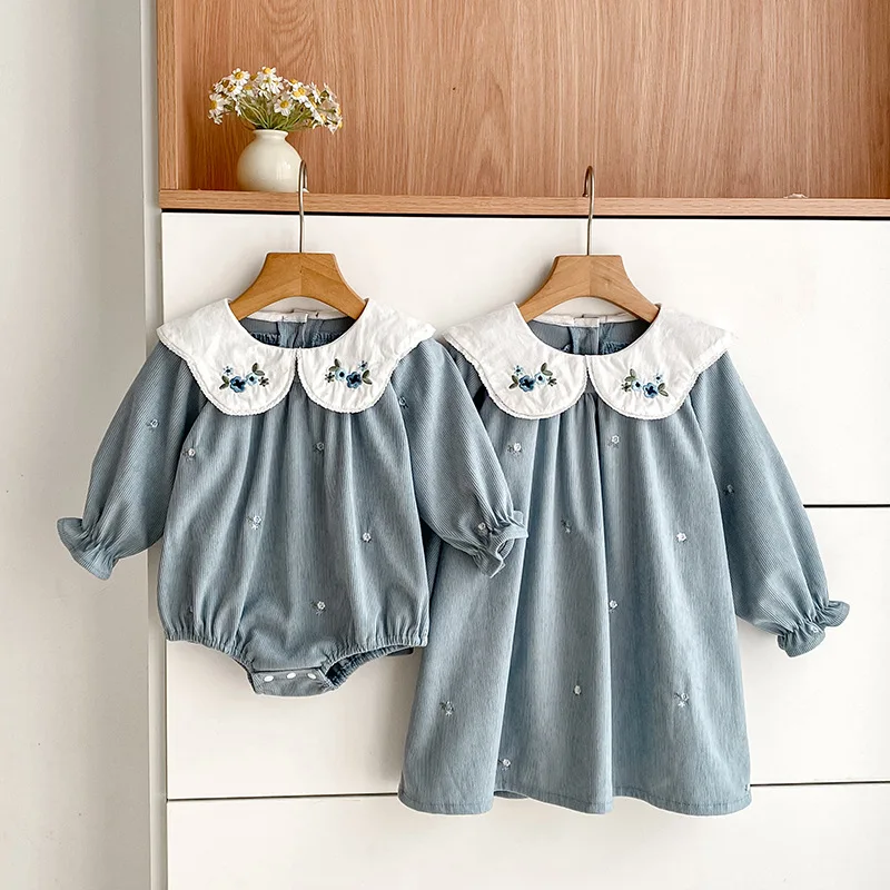 Girls Dresses Cotton Long Sleeve Baby Princess Dress Floral Embroidery Collar Toddler Fall Spring Romper 0-8 Years Korean Style