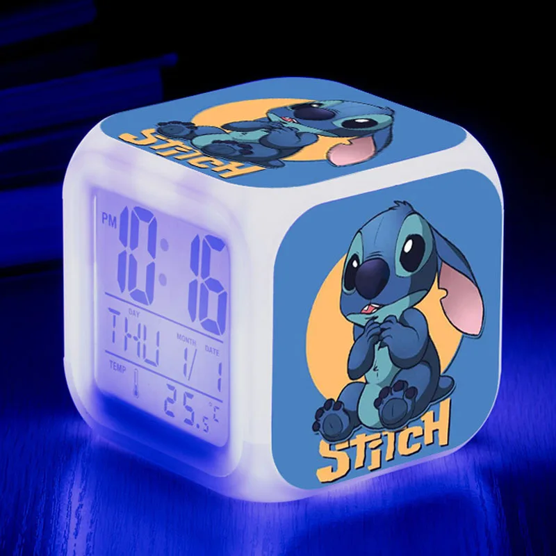 Disney Lilo Stitch Alarm Clock Growing LED Color Change Digital Light PVC Action Figure Toys for Kids Birthday Gift