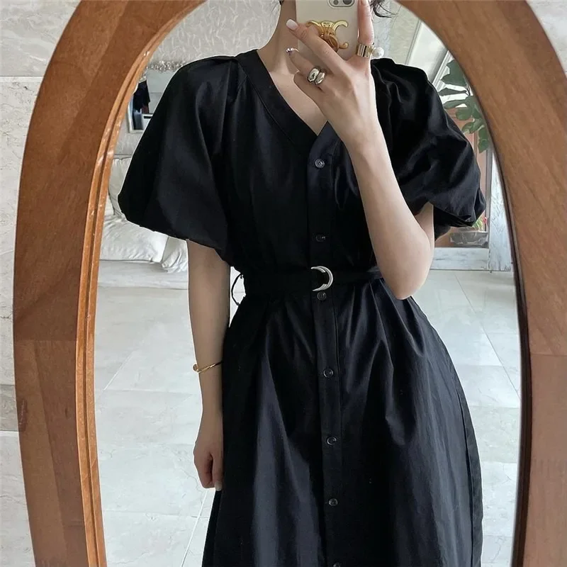 REALEFT Vintage High Waist Women's Shirt Dresses Sashes 2025 New Spring Summer Puff Sleeve V-neck Single Breasted Long Dress