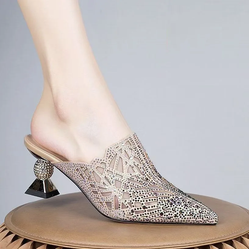 

2026 New Spring Summer Women's Mule Sandals Fashion Rhinestone Mesh Pointed Toe Block Heel Non-Slip Casual Shoes