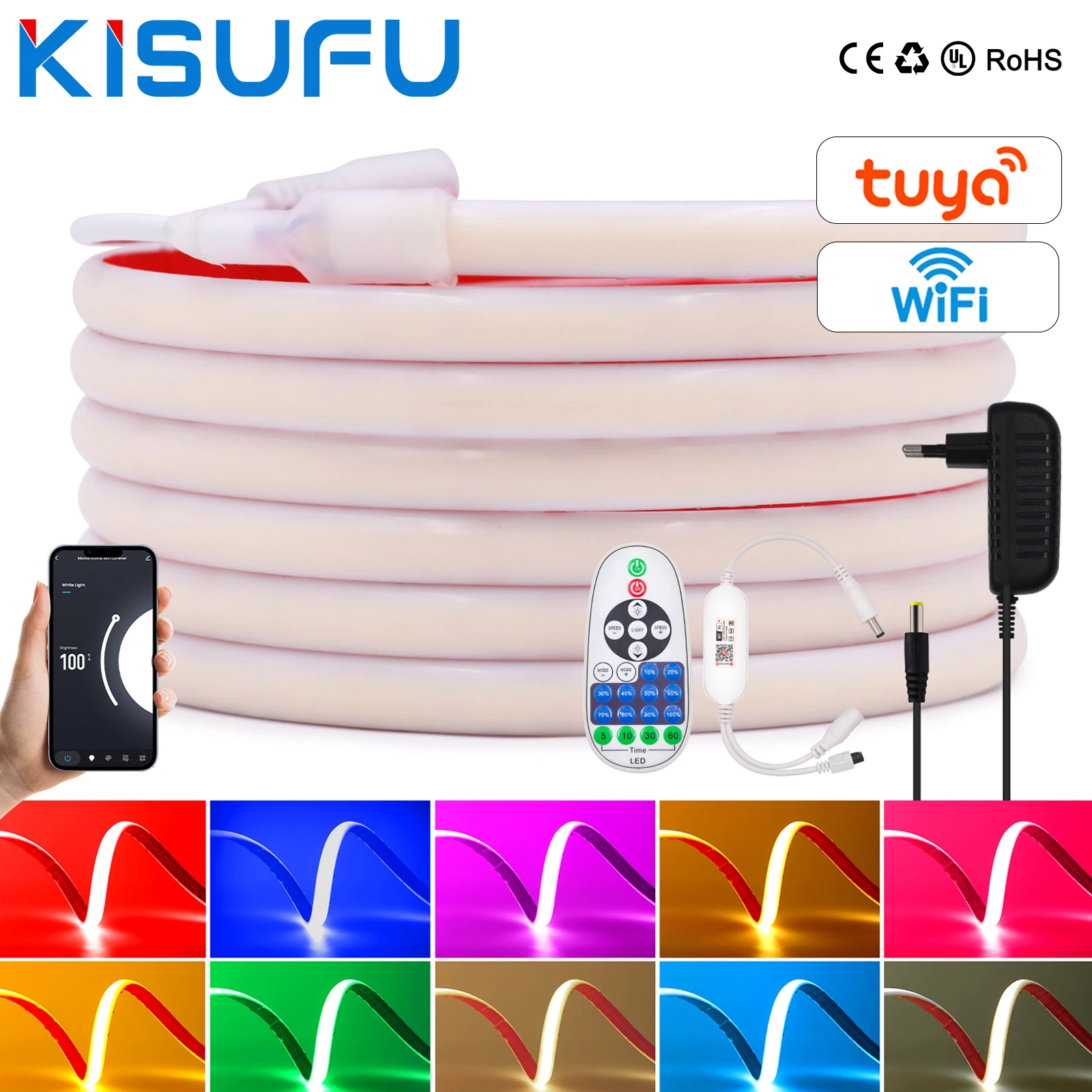

WIFI Dimmable COB Neon Strip Kit IP68 Waterproof 12V 24V White/Ice Blue/Pink/Yellow/Pink/Red 320Leds/M Flexible Ribbon Rope Tape