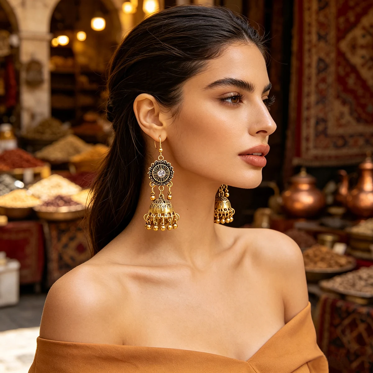 Bohemian Ethnic Bell Tassel Crystal Alloy Geometric Dangle Earrings Turkish Jhumka Earrings Indian Kurdish Tribal Jewelry Gift
