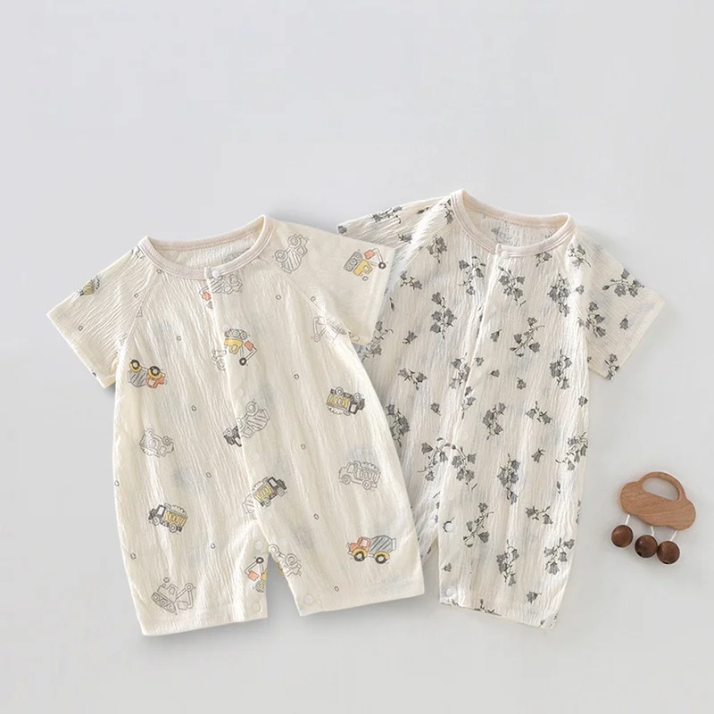 

2026 Summer Cartoon 0M-2Y Baby Girl Rompers Floral Print Toddler Boys Jumpsuit Daily Thin Infants Clothing