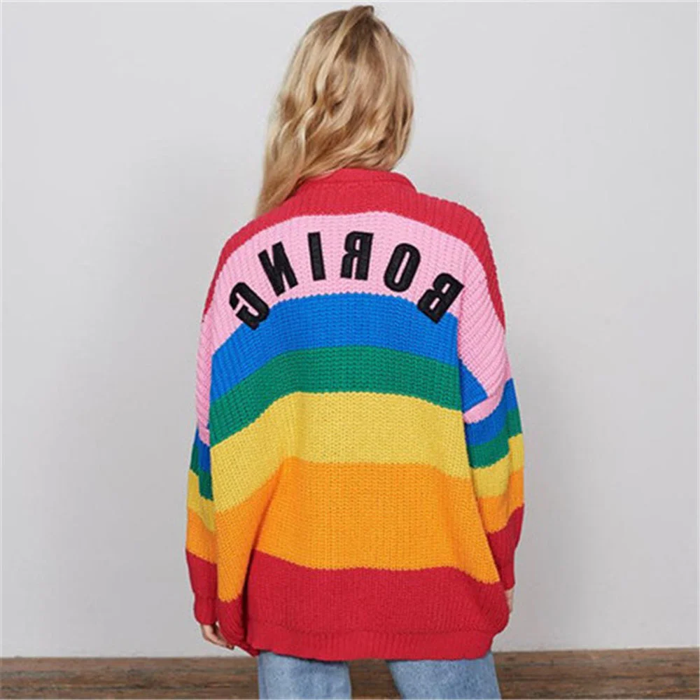 Autumn Spring Harajuku Knit Cardigan Women Striped Rainbow Sweater Coat Female Loose Sweaters Letter Embroidery Jumper Cardigans