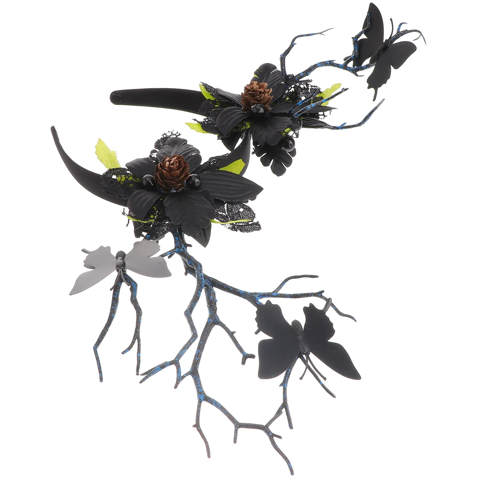 Deer Antler Hairband with Pine Cones Butterflies Dark Leaves Elastic Headband Halloween Christmas Party