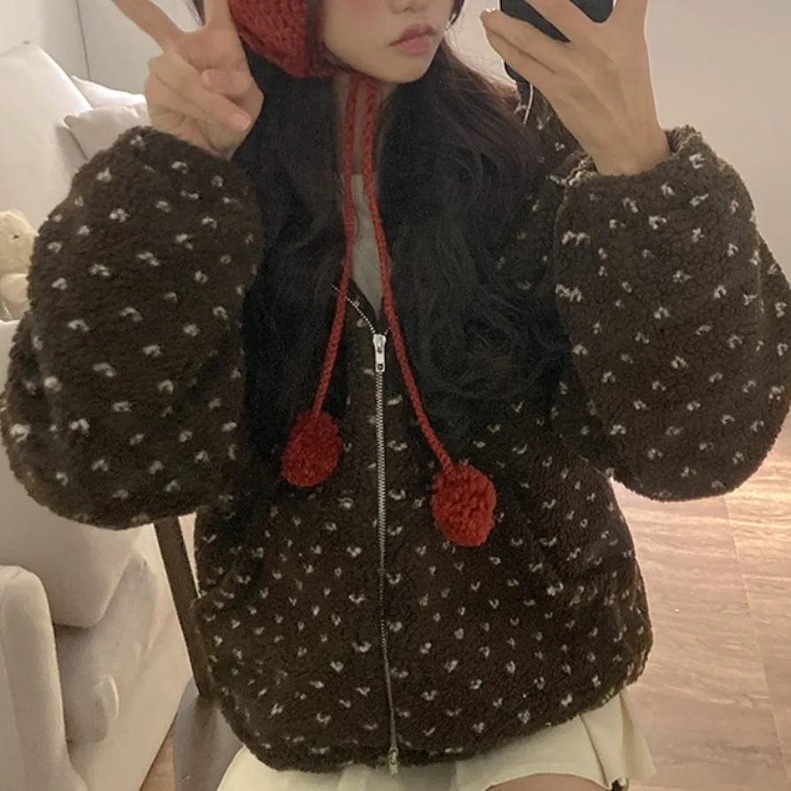 Chic Autumn Winter Hooded Zipper Design Lamb Fur Lined Thiened Cotton Jaet Women's Heart aped Coat Sli Agel Eleg...