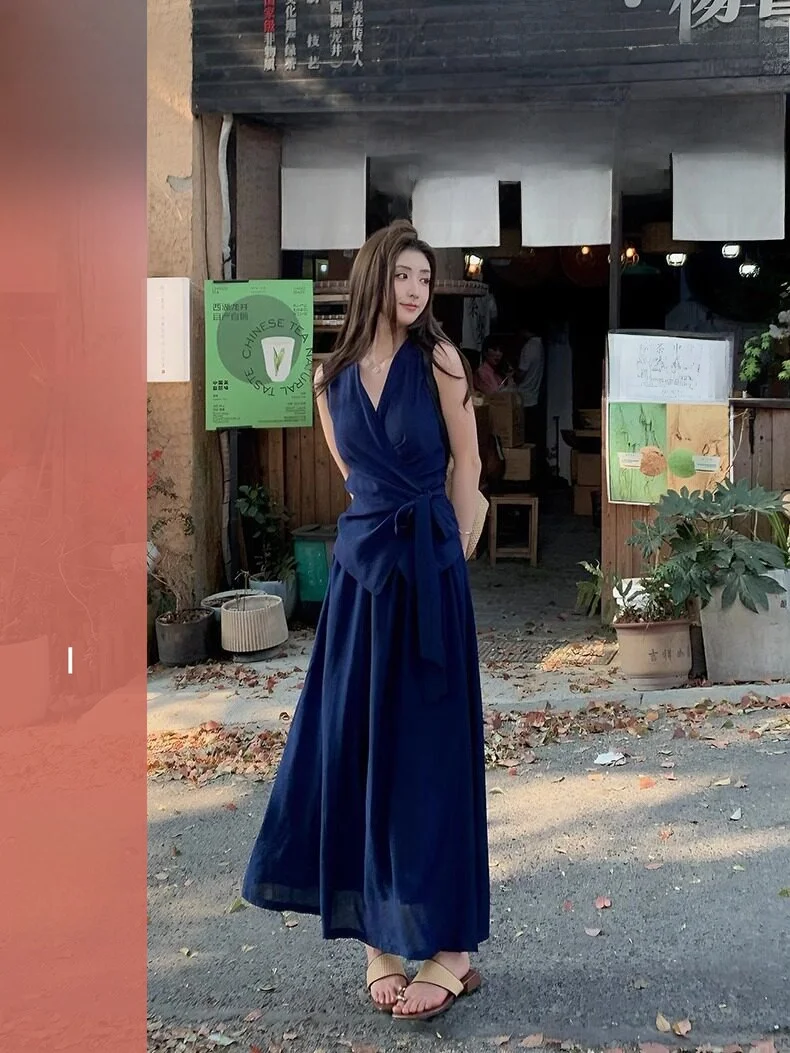 

Slimming Effect V-Ne Svel Belted Top And Long Skirt Set Summer Women's Faion Cotton Two-Piece Ensemble