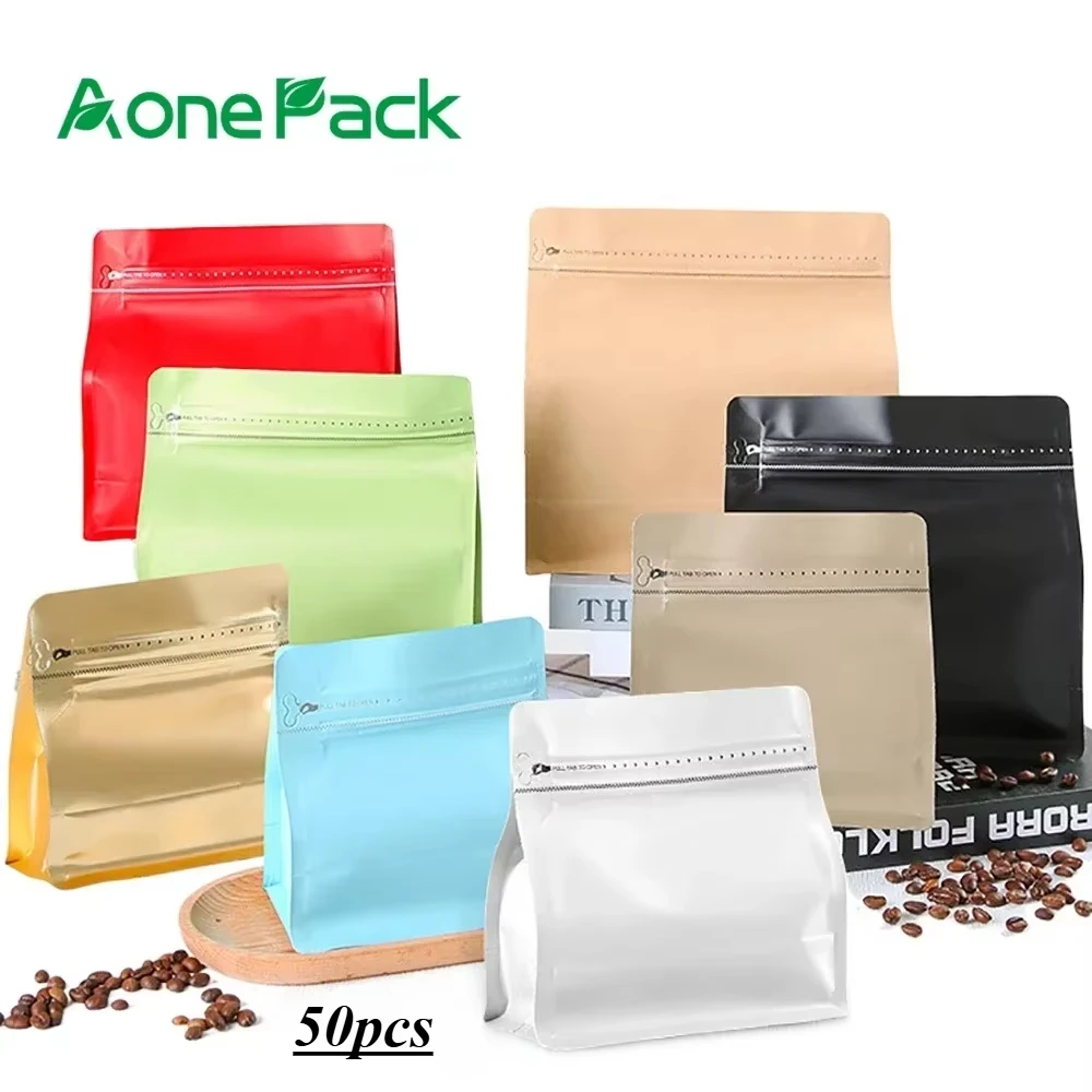 50pcs Bolsa Packaging Flat Bottom Valve Pouches Recyclable Custom Print 1/4lb 1/2lb 1lb Coffee Bag Food Shake Protein Powder Bag