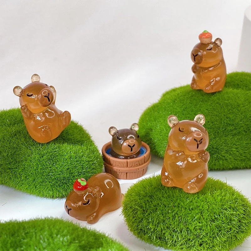 2Pcs Luminous Mini Capybara Resin Figurines Glow In The Dark Cute Miniatures Fairy Garden DIY Ornament Desk Decor