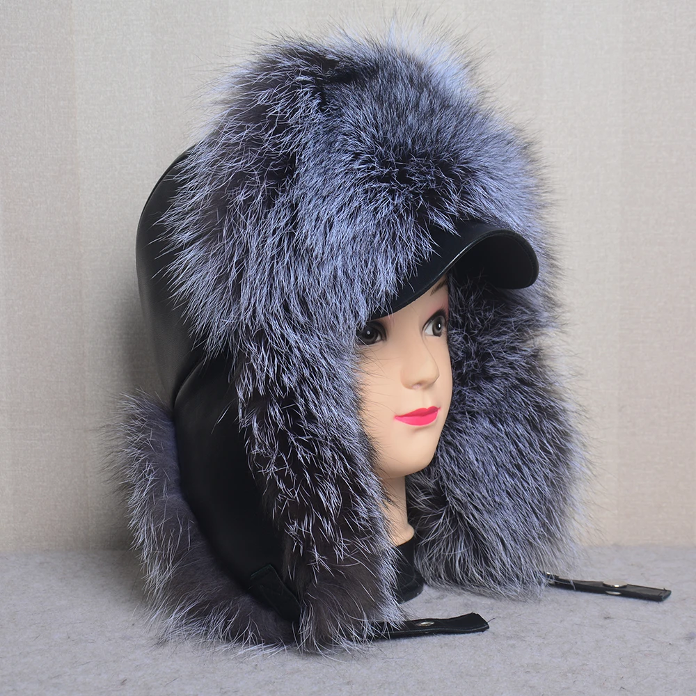 Genuine Silver Fox Fur Hat with Ear Flaps Real Natural Fur Caps for Russian Women Bomber Hats Trapper Cap with Real Leather Top