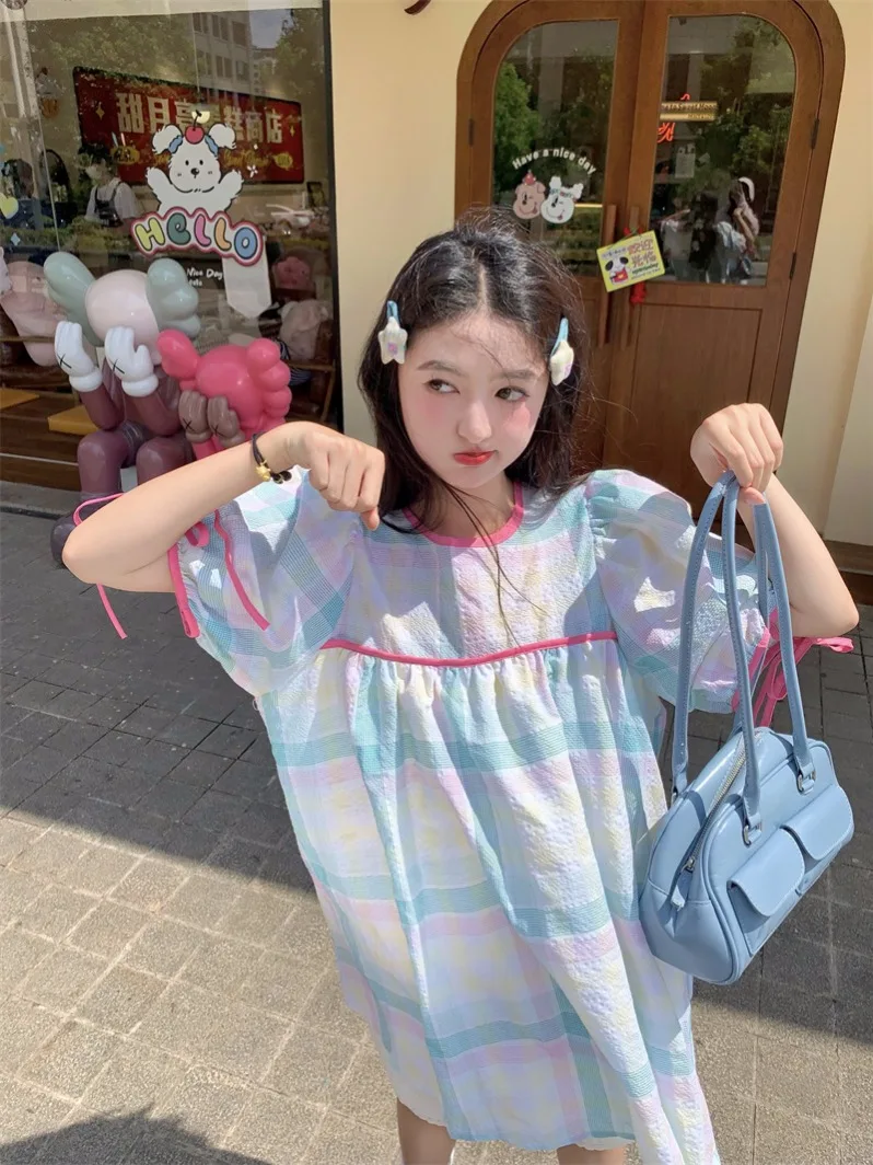 Korean Summer Maternity Sweet Colorful Plaid Dress Ribbon Puff Sleeve O-Neck Pregnant Woman Mini Dress Short Lady A-Line Dresses