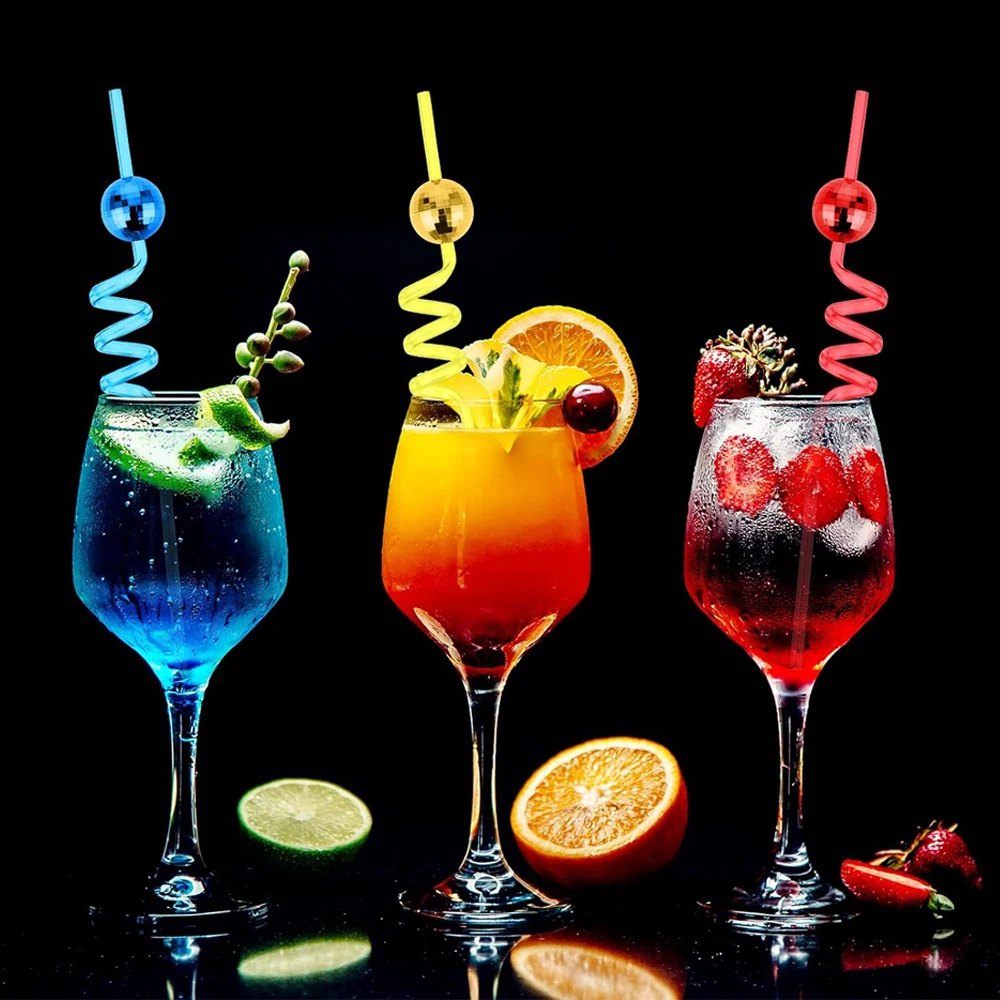 12PCS Disco Ball Straws Reusable Swirly Straw Set Cocktail Stirrers Birthday Party Supplies Last Disco Bachelorette Decorations