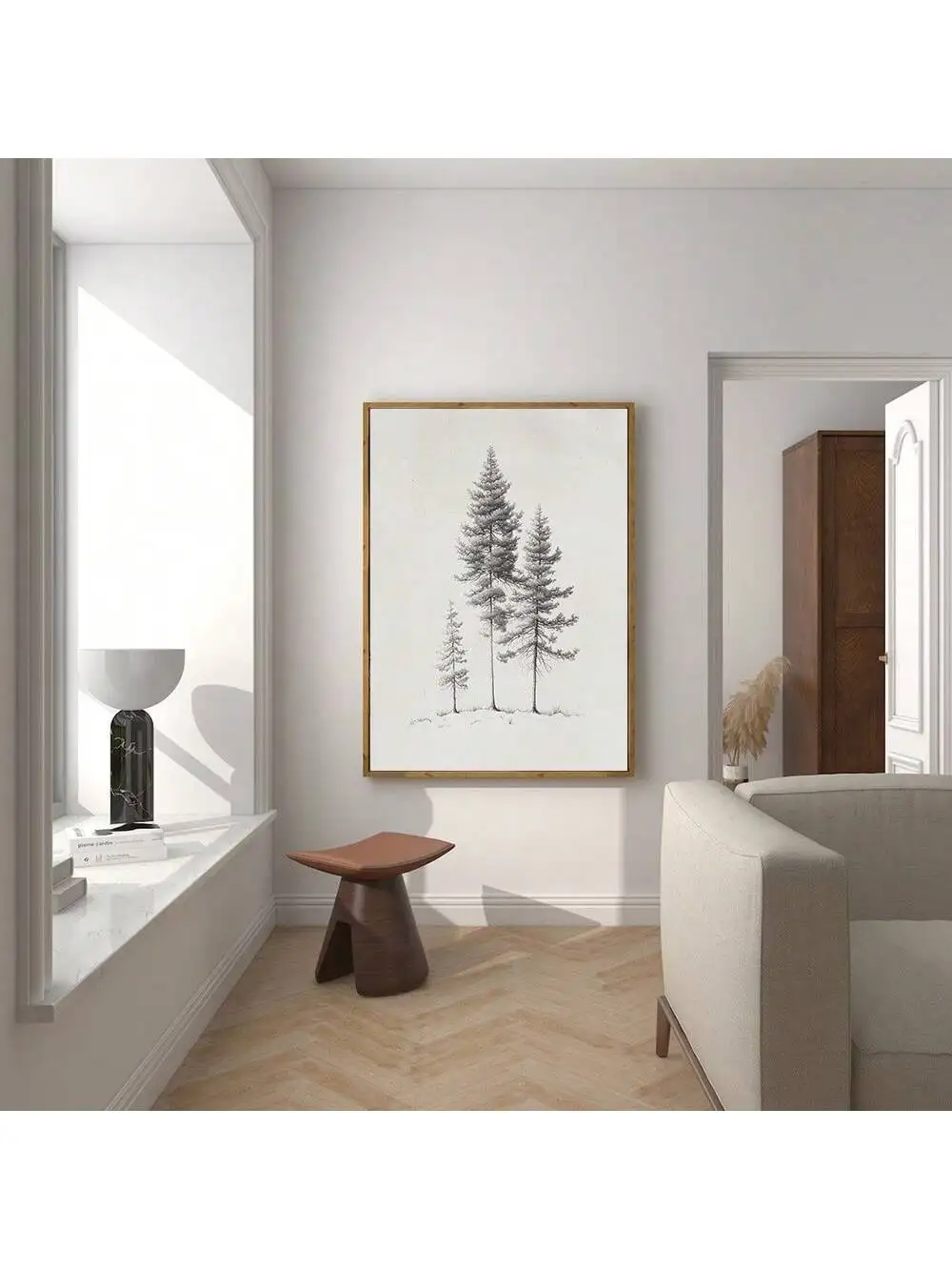 1pc Pine Tree Sketch Drawing Vintage Poster Nordic Style Abstract Minimalist Painting Neutral Wall Art Print Modern Home  Decor