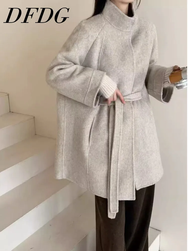 DFDG 2025 AW Manteau à manches tricotées pour femme Veste mi-longue surdimensionnée en laine double face Trench-coat sur mesure petite-friendly