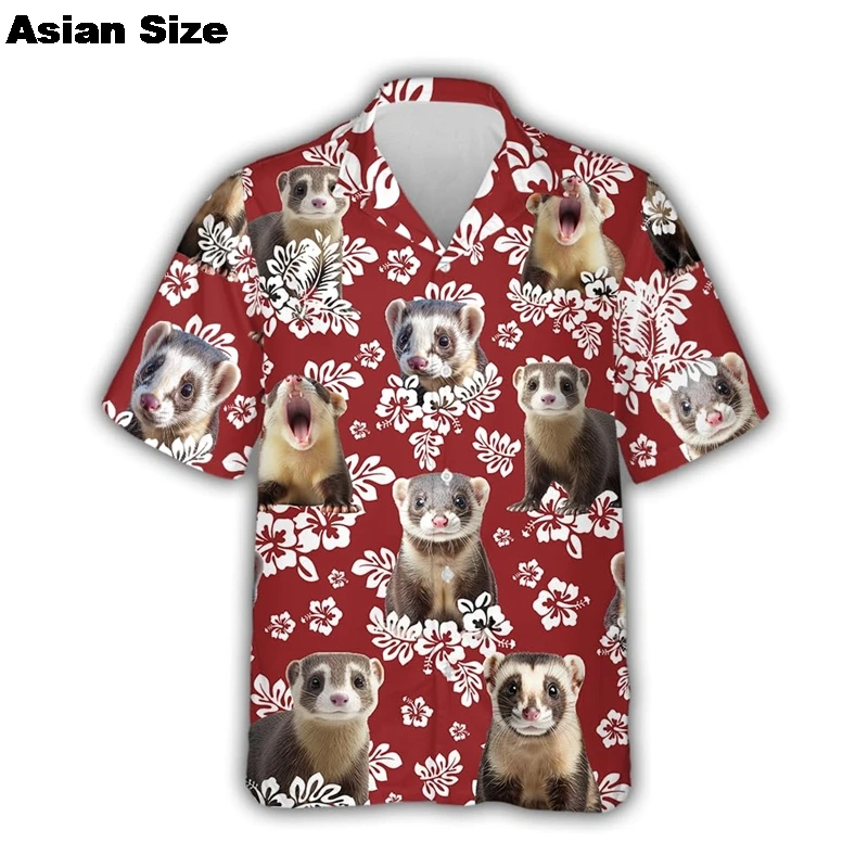 

2025 гавайские рубашки с 3D принтом хорька для мужчин, забавная пляжная рубашка Aloha на заказ, топы с короткими рукавами и графикой домашних животных