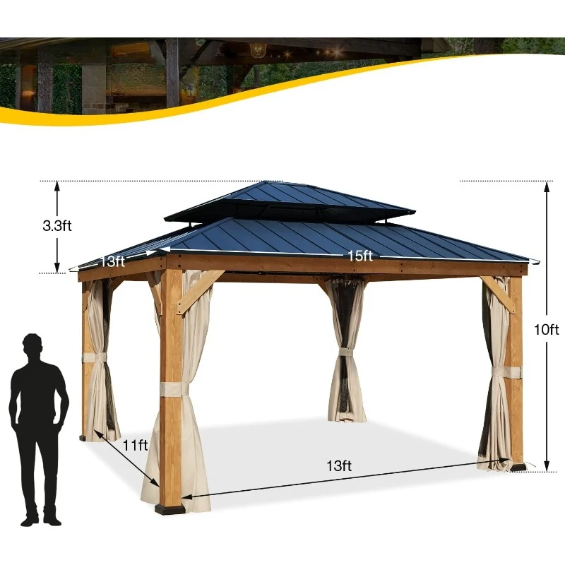 13' x 15' Outdoor Hardtop Gazebo, Cedar Wood Framed Gazebo with Powder Coated Metal Roof for Gardens, Patios, Lawns