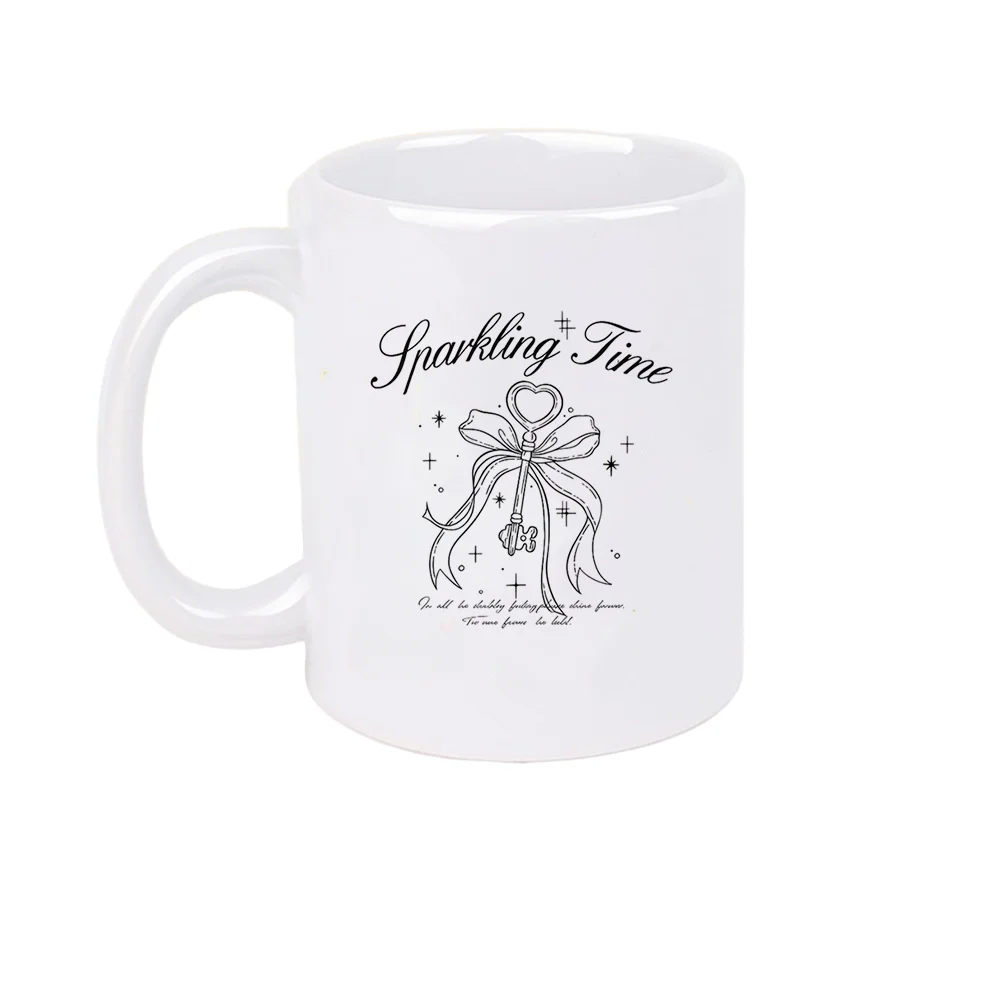11oz Sparkling Time Heart Key Ceramic Coffee Mug with Bow Design Tableware for Valentine's Day and birthday Home Use Holiday Pre