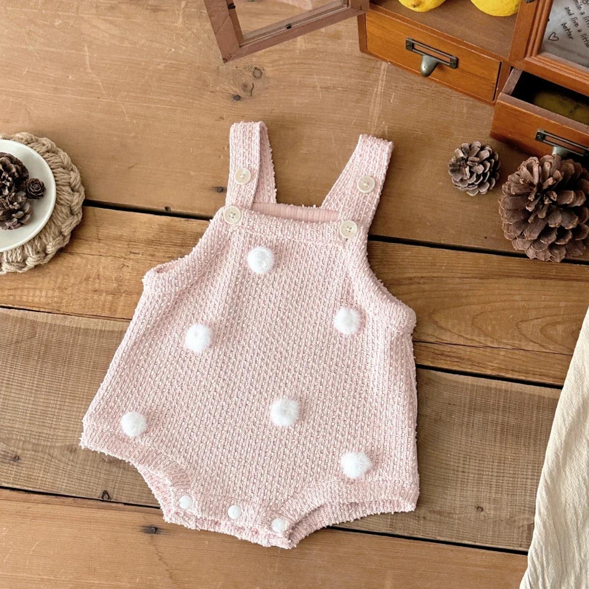 Newborn Baby Romper Autumn Square Neck Romper Clothing Solid Casual Loose Jumpsuits Toddler Infant Girl Cotton Playsuit Pom-pom