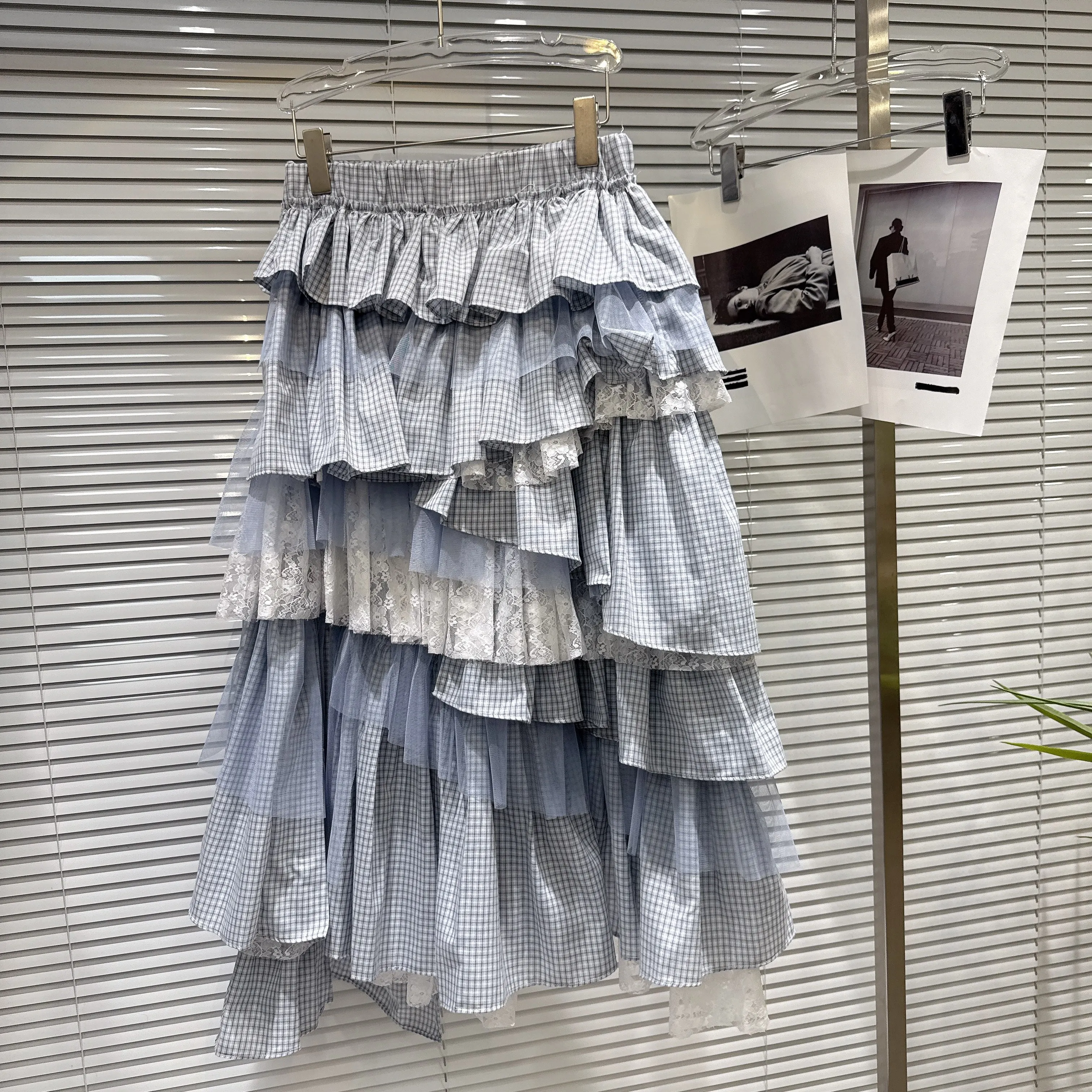

2026 Spring New Sweet Style Blue Plaid Multi-layer Ruched Patchwork Cake Skirt for Women