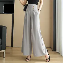 Fashion Commute Vintage Summer Pants Women's Solid Color Spliced Button Folds Loose Straight High Waist Casual Wide Leg Trousers