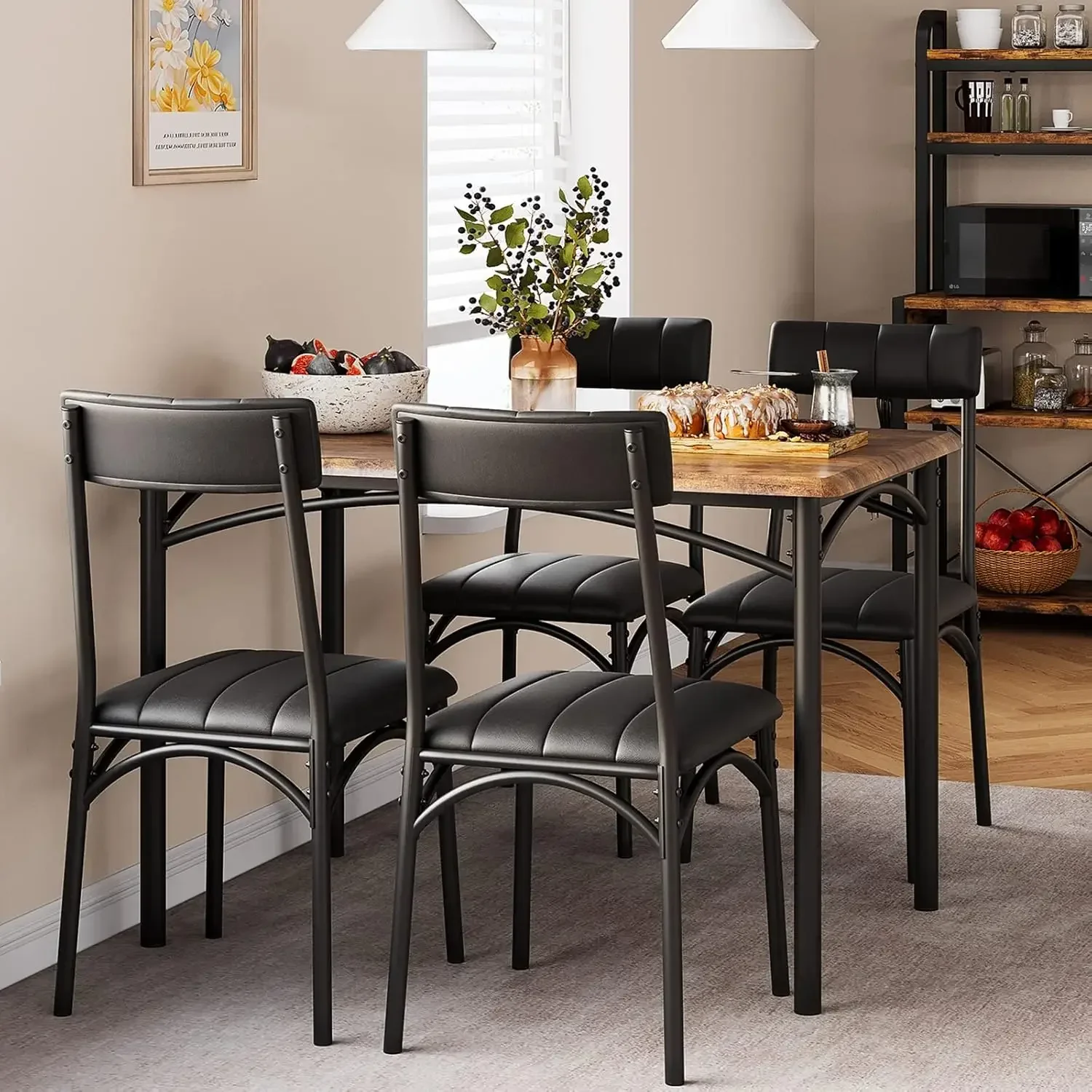 Kitchen Table and Chairs, Dining Room Table Set for 4 with Upholstered Chairs, Metal and Wood Rectangular Dining Table