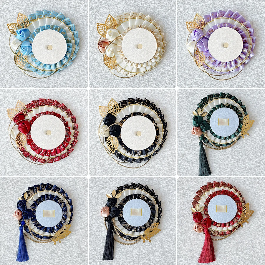 Handmade anime badge holder, navy‑blue gold‑print ruffle trim, fabric rose ornament, metal butterfly decor, Chinese tassel pendant, vintage oriental style, collectible accessory for badge display