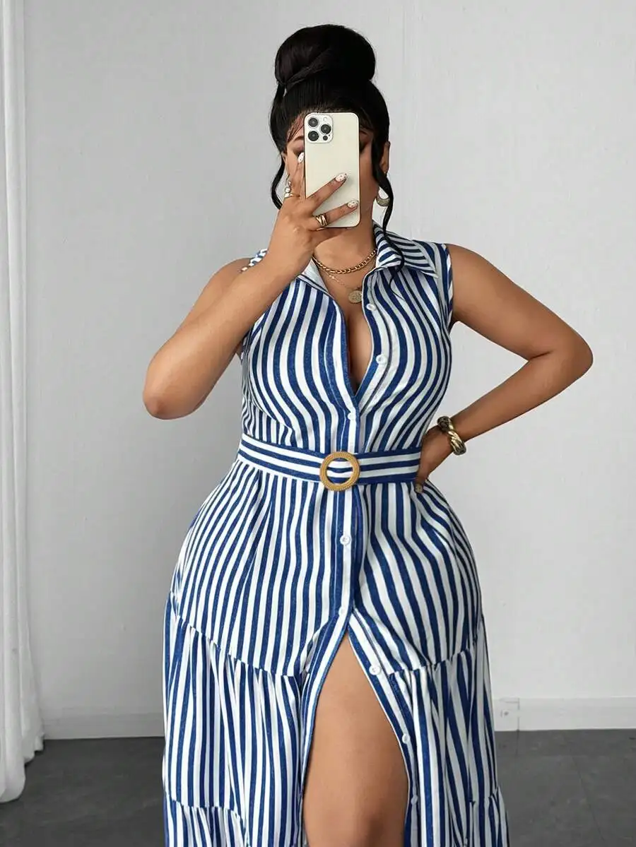 

French Retro Casual Turn-Down Collar Striped Sleeveless Shirt Dress With Belt