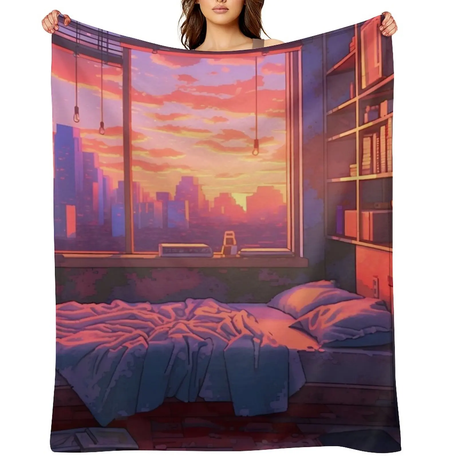 

Lofi Aesthetic - A messy bedroom at sunset Throw Blanket Retros Flannel for winter Furry Blankets